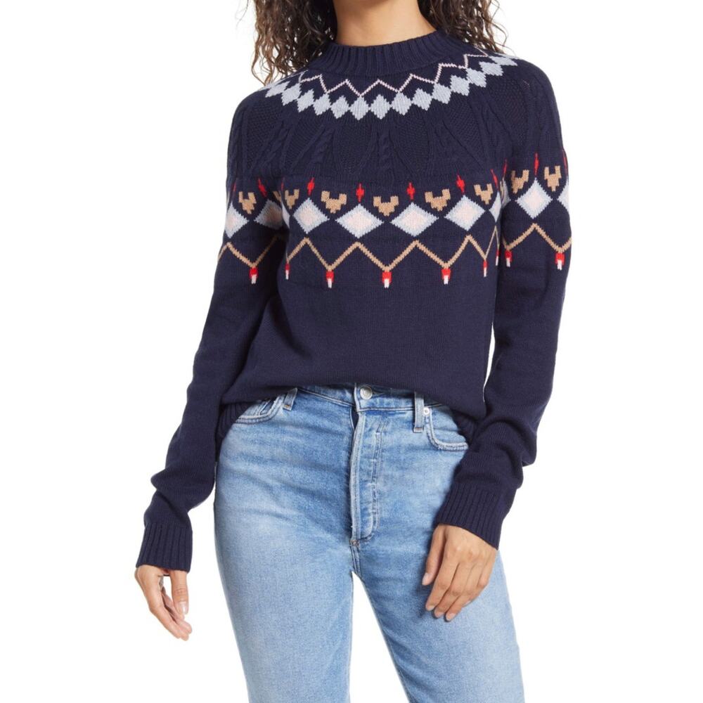 Preppy Fair Isle Navy Blue Pima Cotton Merino Wool‎ Sweater 1901 Nordstrom XS